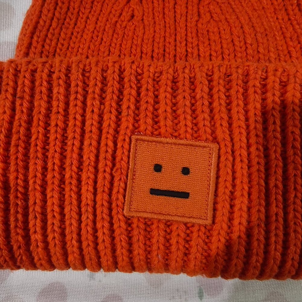 Acne Studios Orange Knit Hat With Smiley Face Logo - Picture 2 of 5